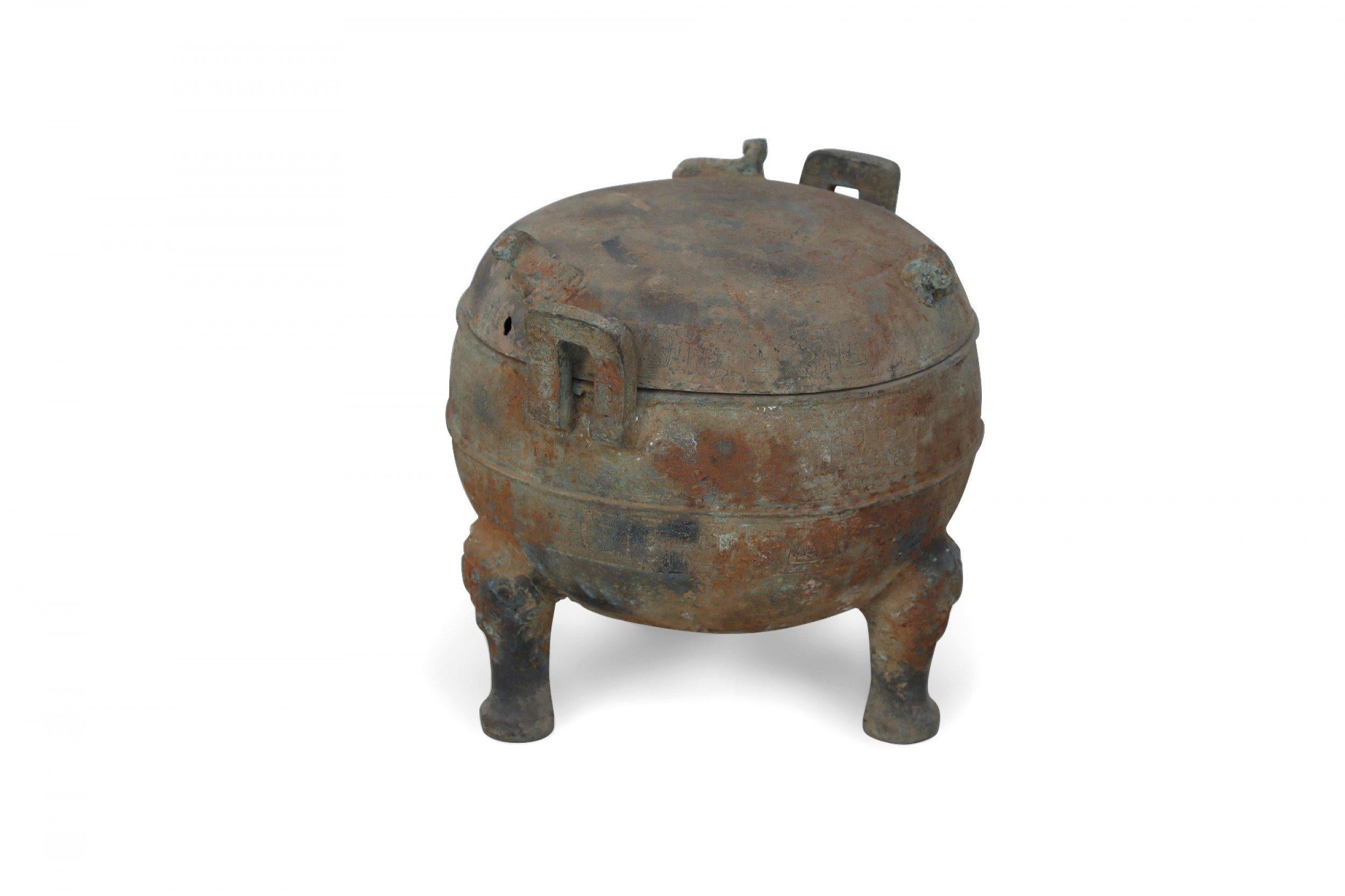 20th Century Chinese Han Dynasty Style Patinated Bronze Footed and Lidded Pot For Sale