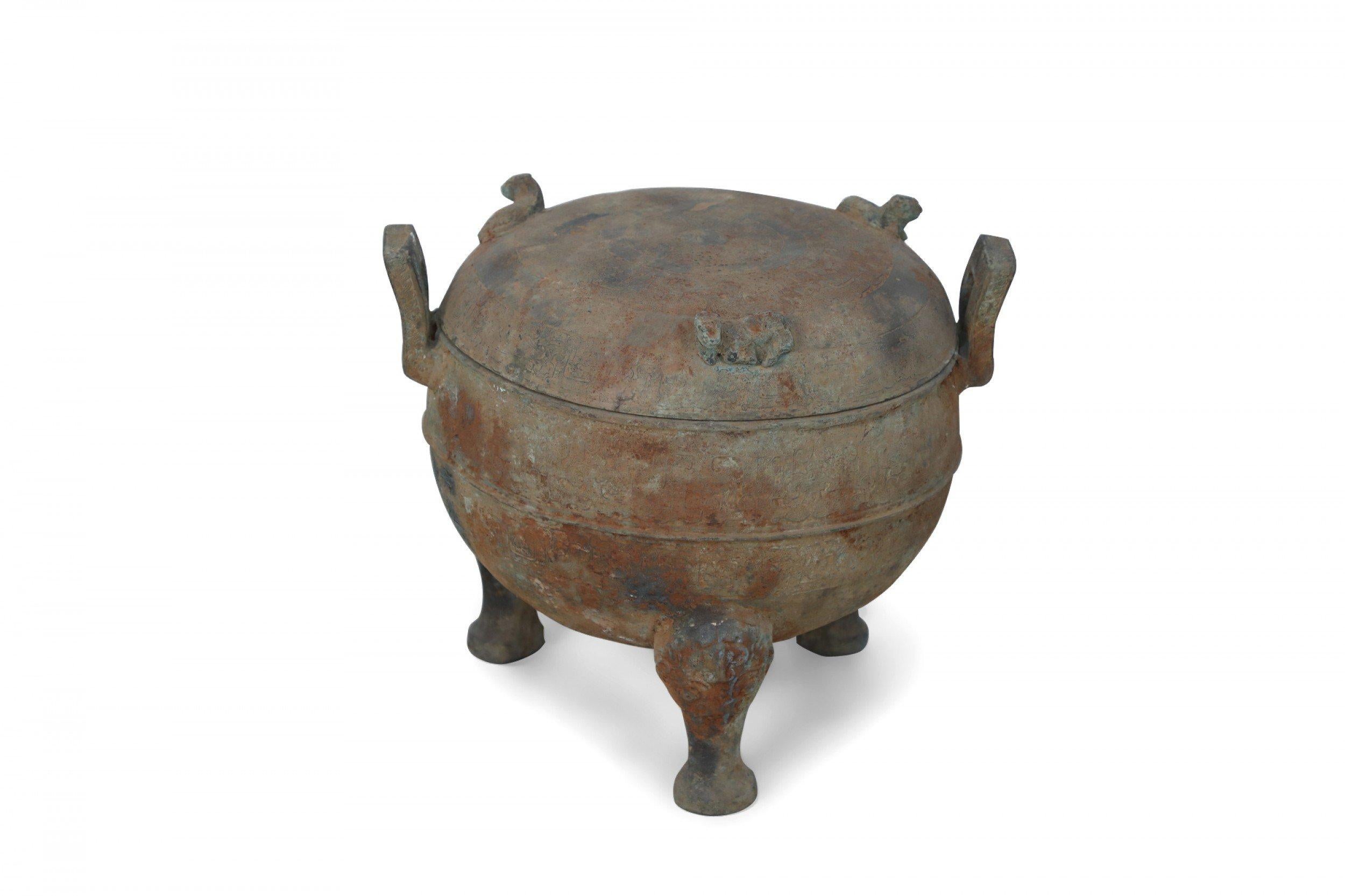 Chinese Han Dynasty Style Patinated Bronze Footed and Lidded Pot For Sale 1