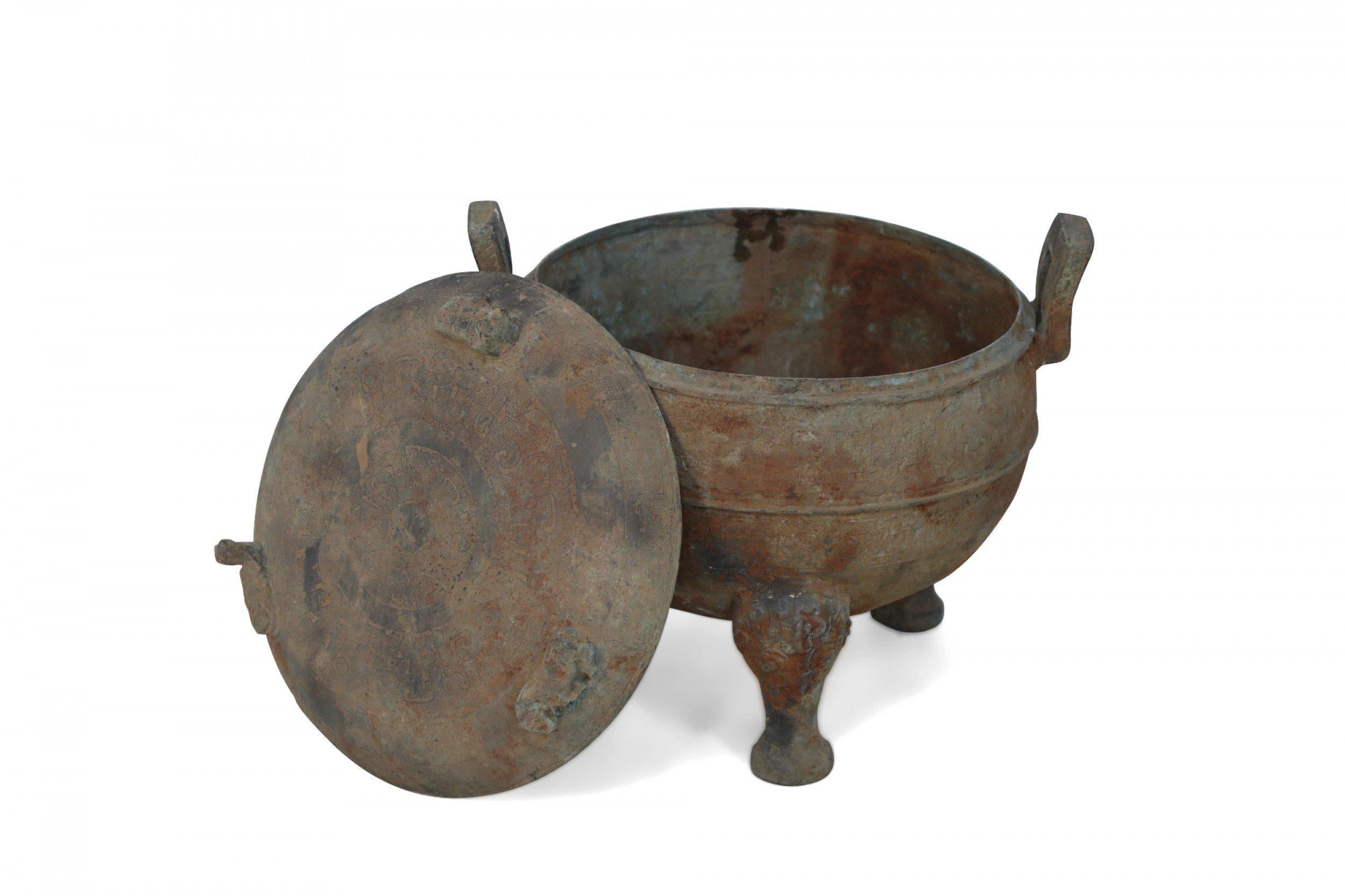 Chinese Han Dynasty Style Patinated Bronze Footed and Lidded Pot For Sale 2