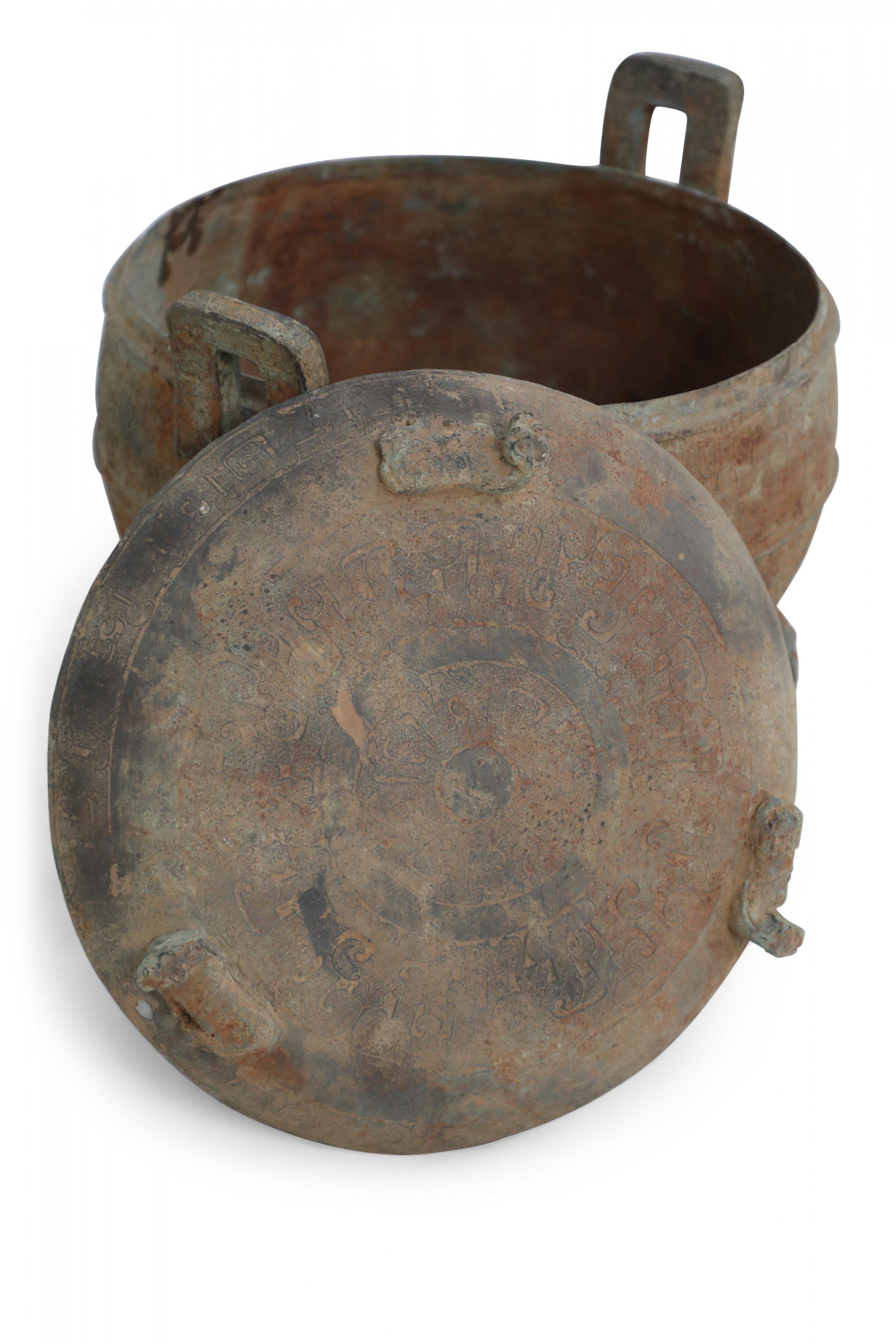 Chinese Han Dynasty Style Patinated Bronze Footed and Lidded Pot For Sale 3