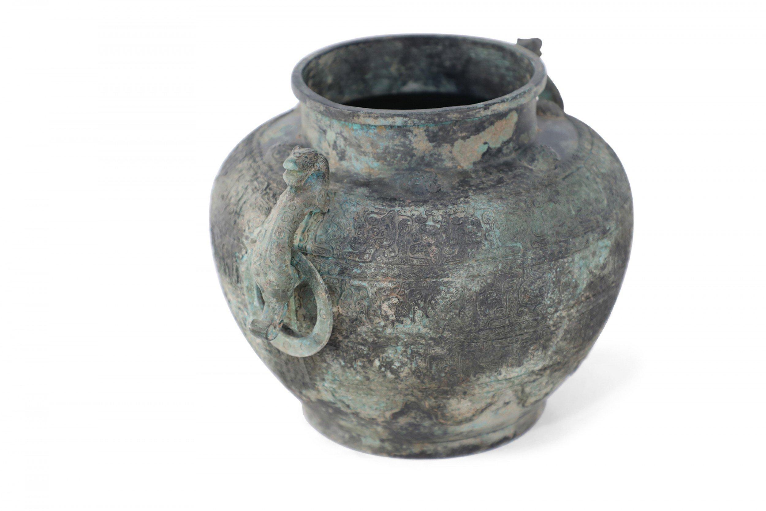 Hand-Crafted Chinese Han Dynasty-Style Patinated Bronze Handled Pot For Sale