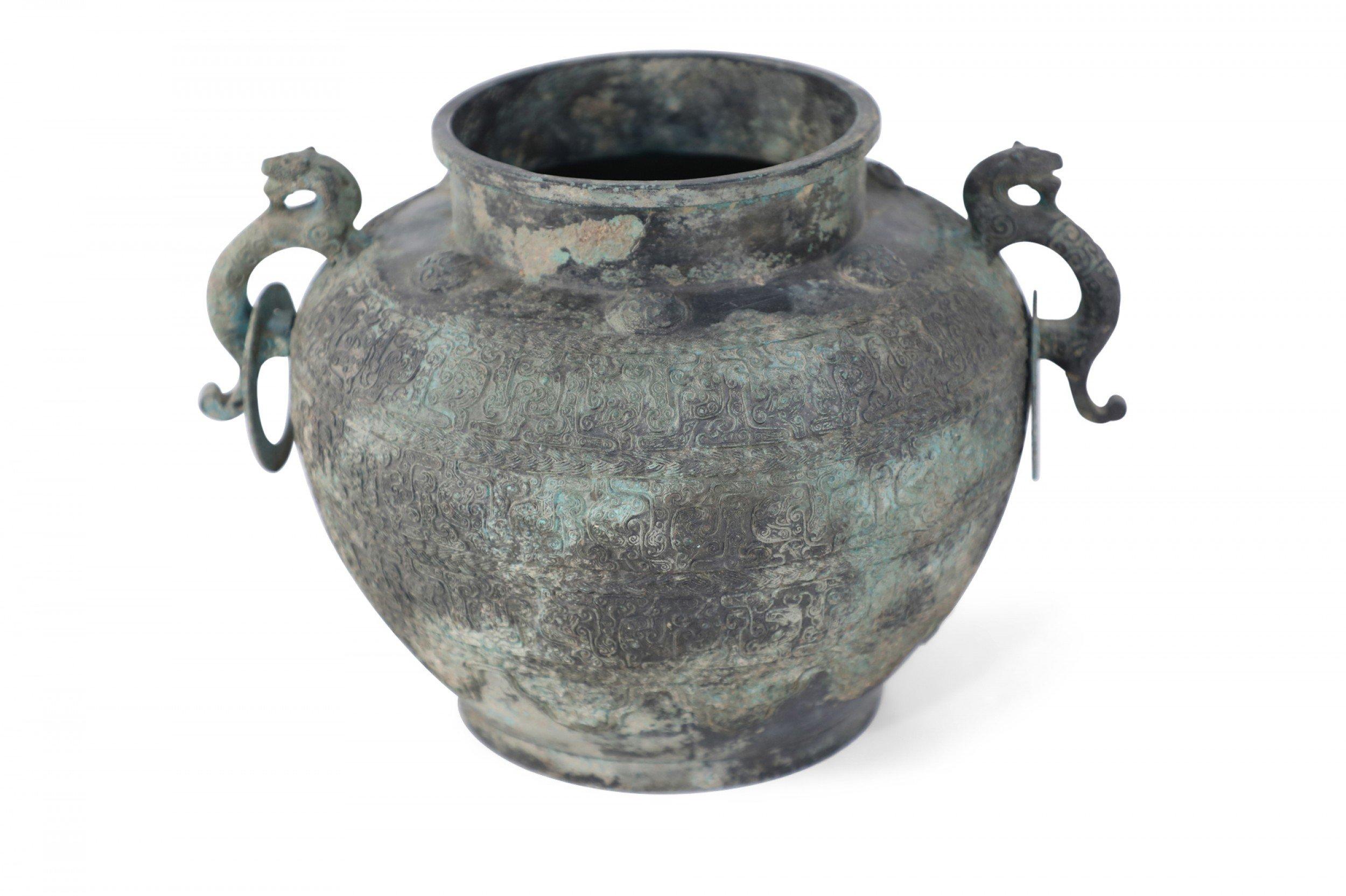 Chinese Han Dynasty-Style Patinated Bronze Handled Pot In Good Condition For Sale In Queens, NY