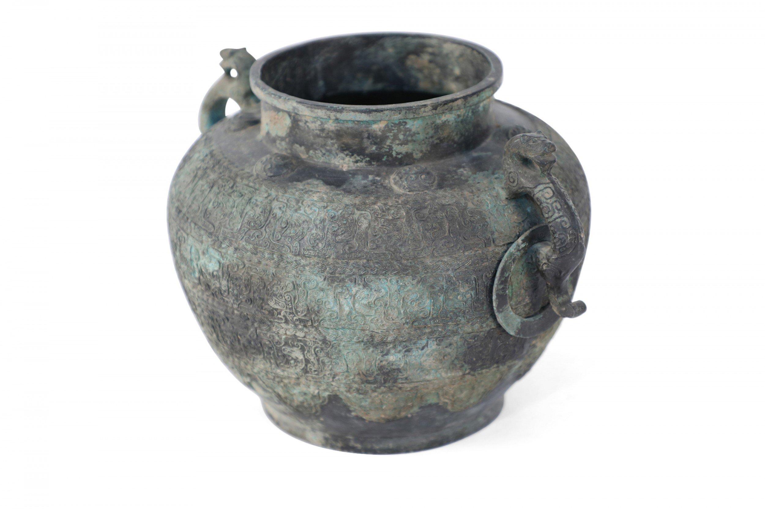 20th Century Chinese Han Dynasty-Style Patinated Bronze Handled Pot For Sale