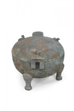 Chinese Han Dynasty Style Patinated Bronze Lidded and Footed Pot