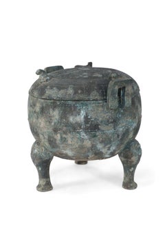 Chinese Han Dynasty-Style Patinated Bronze Lidded and Footed Pot