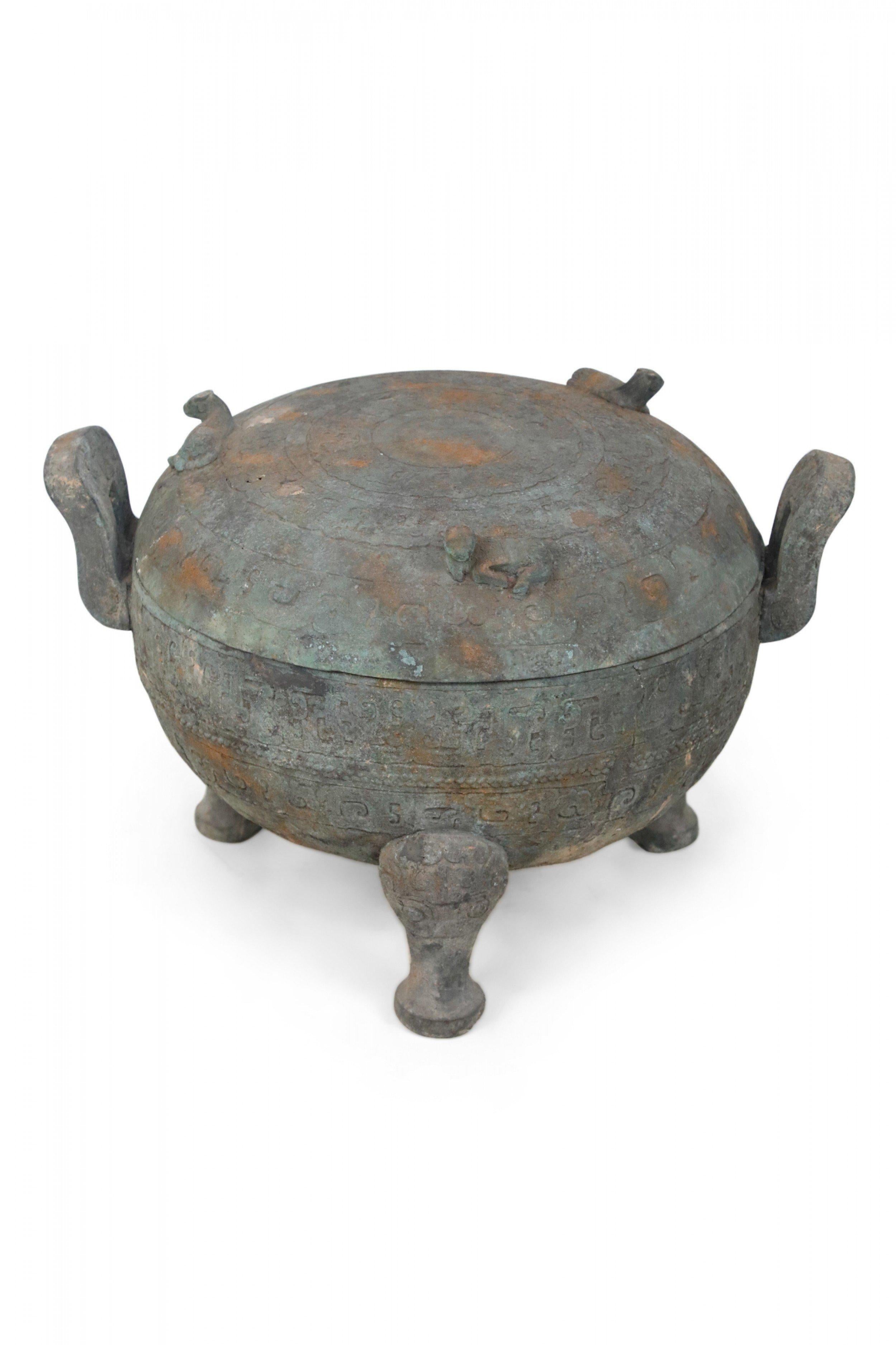 Etched Chinese Han Dynasty Style Patinated Bronze Lidded and Footed Pot For Sale