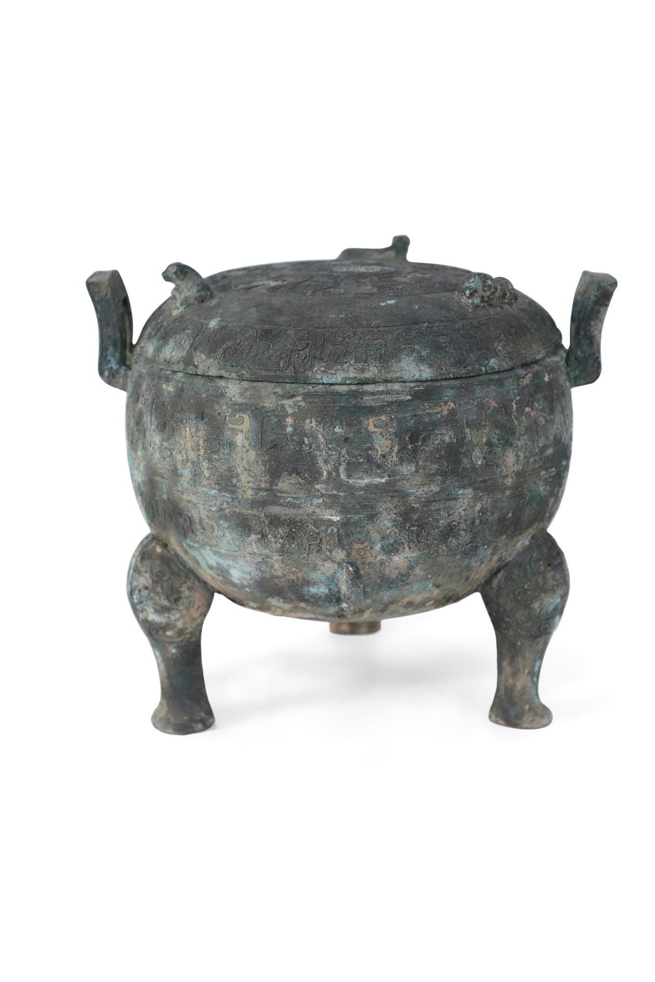 Hand-Carved Chinese Han Dynasty-Style Patinated Bronze Lidded and Footed Pot For Sale