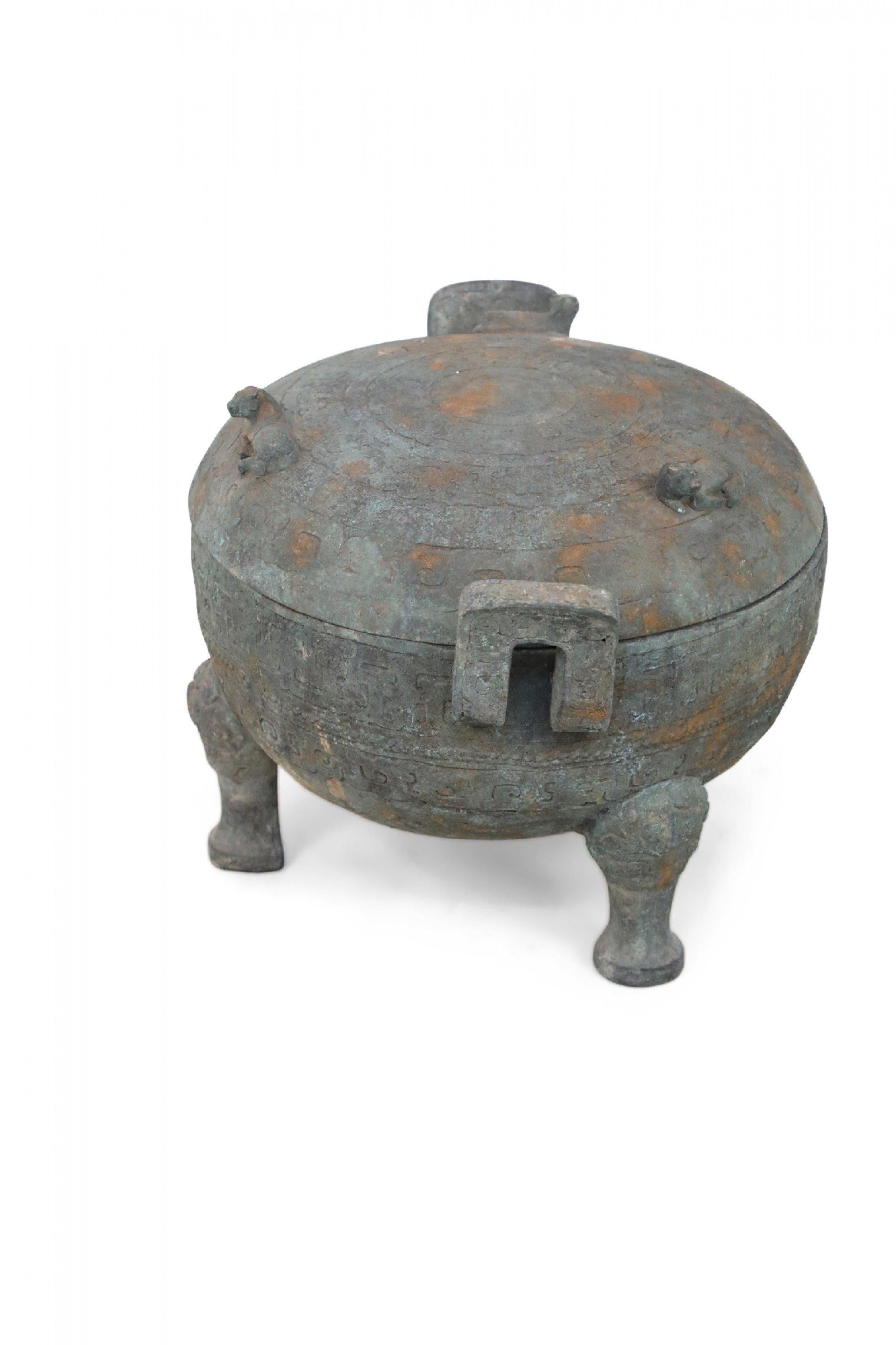 20th Century Chinese Han Dynasty Style Patinated Bronze Lidded and Footed Pot For Sale