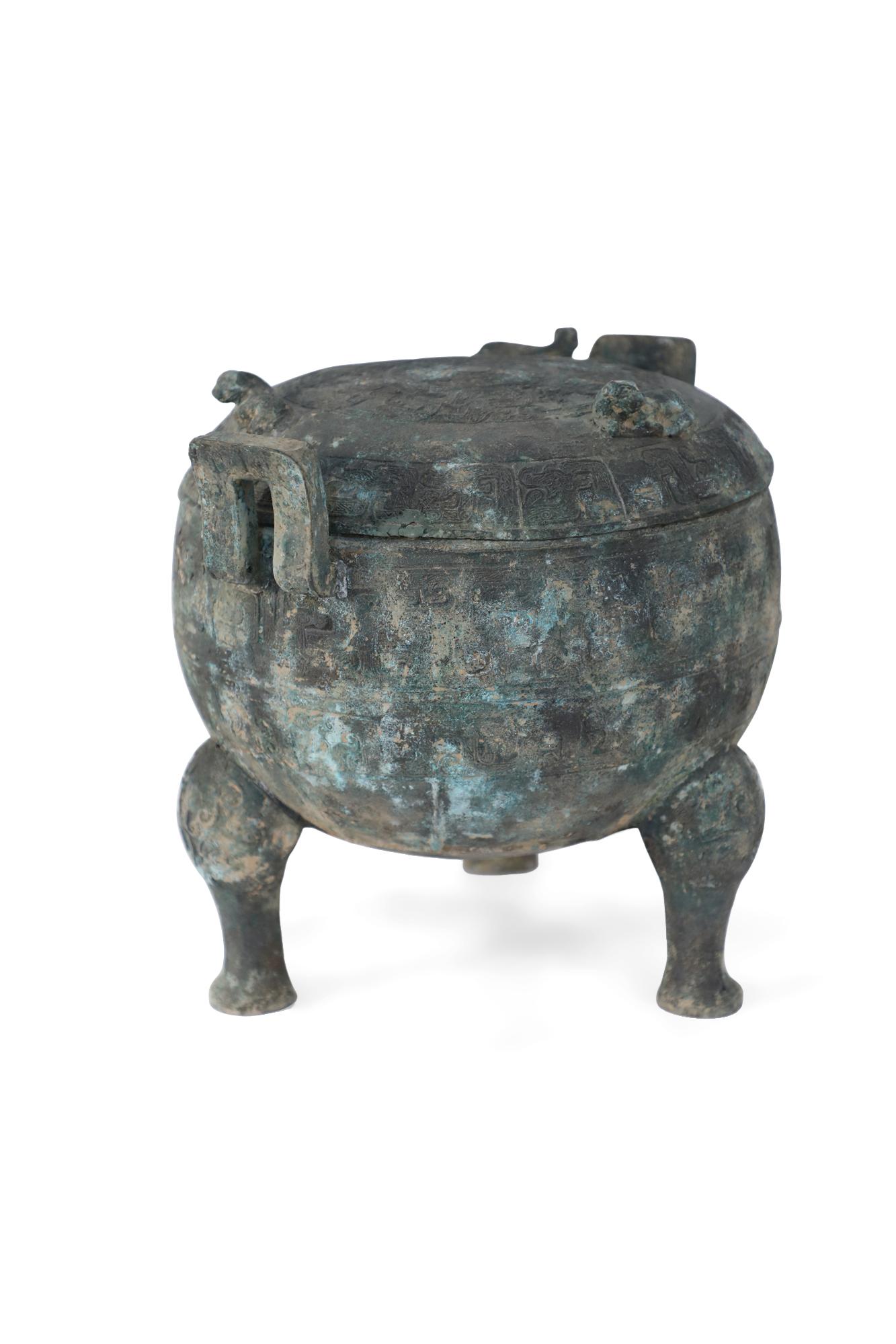 20th Century Chinese Han Dynasty-Style Patinated Bronze Lidded and Footed Pot For Sale