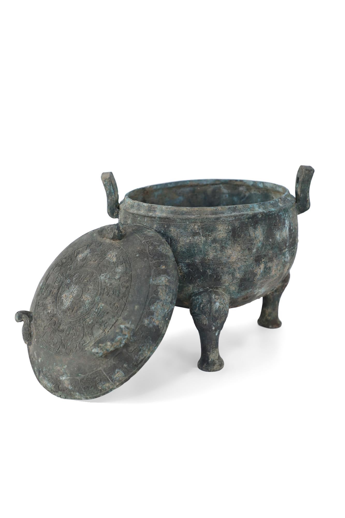 Metal Chinese Han Dynasty-Style Patinated Bronze Lidded and Footed Pot For Sale