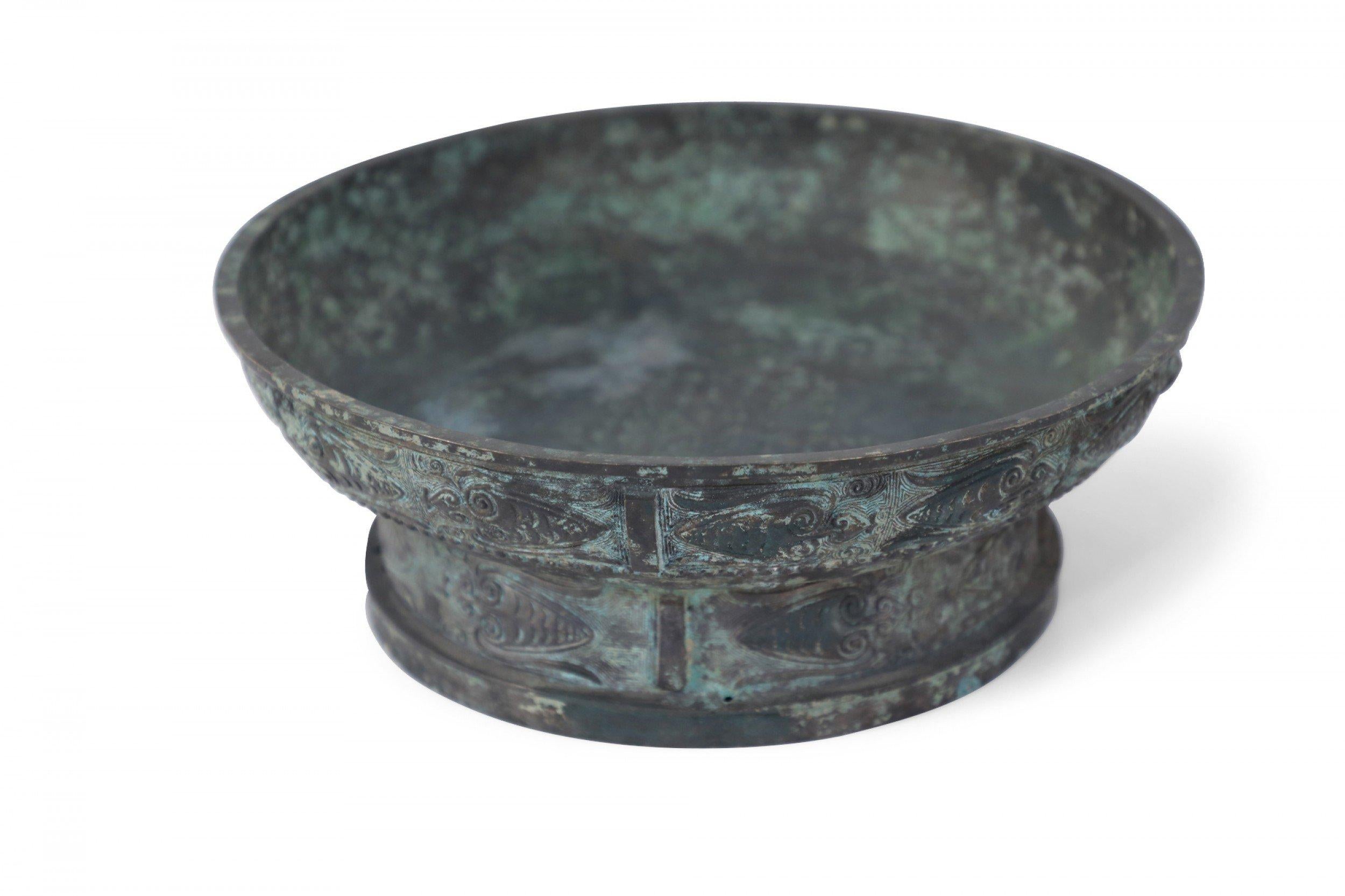 Hand-Carved Chinese Han Dynasty-Style Patinated Bronze Shallow Bowl For Sale