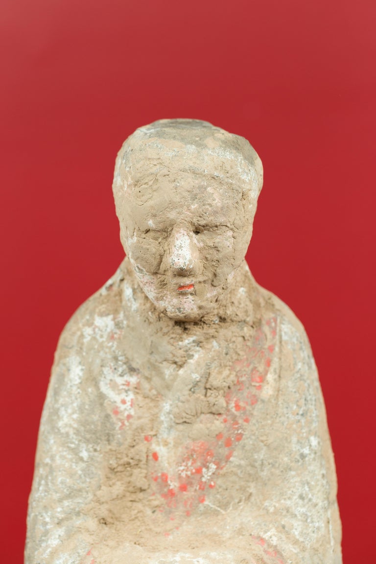 18th Century and Earlier Chinese Han Dynasty Terracotta Monk Sculpture with Traces of Original Paint For Sale