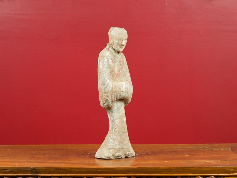 Chinese Han Dynasty Terracotta Monk Sculpture with Traces of Original Paint For Sale 2