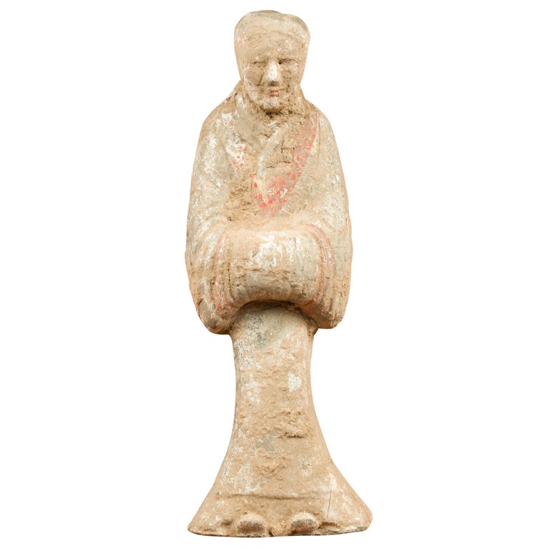 Chinese Han Dynasty Terracotta Monk Sculpture with Traces of Original Paint For Sale
