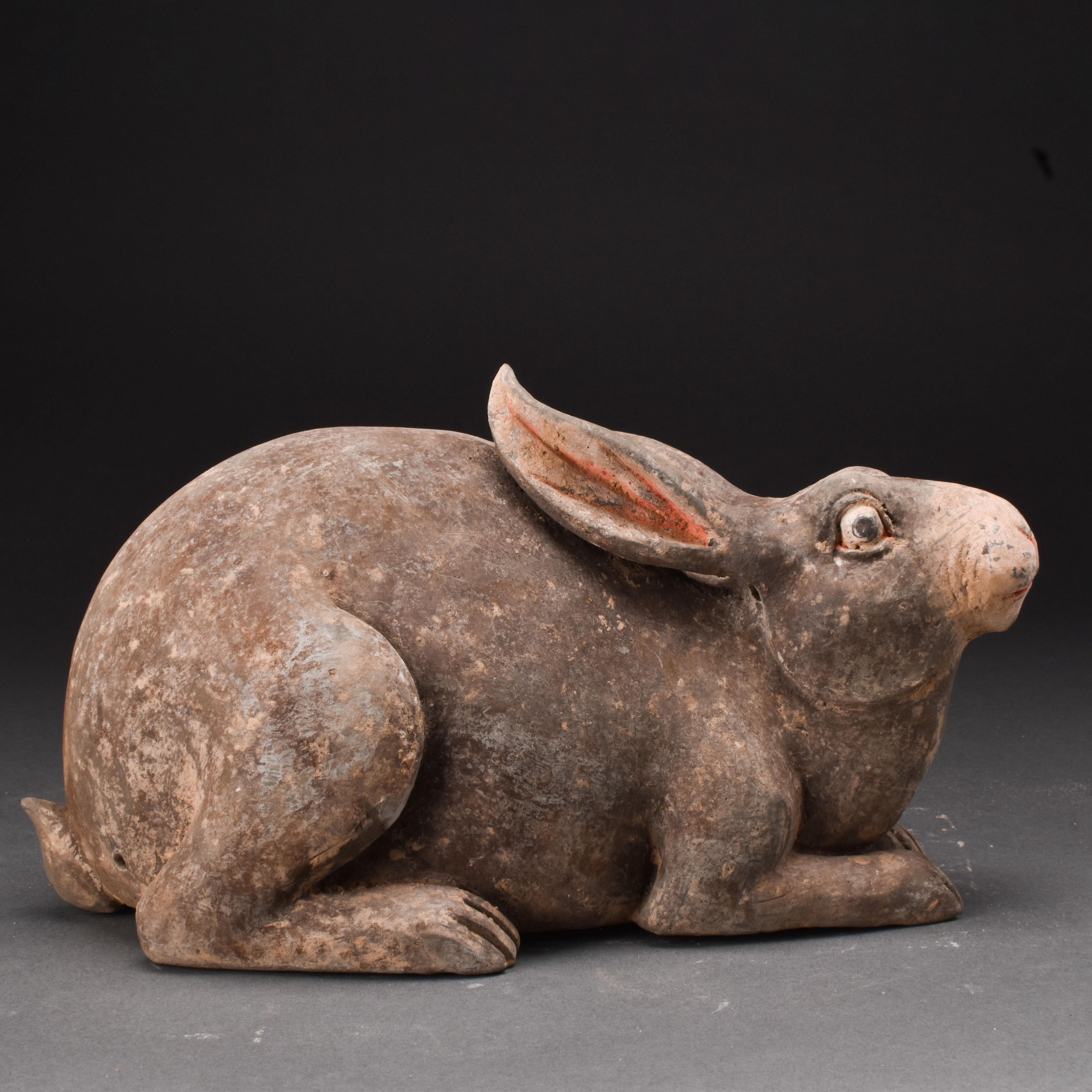 A large terracotta rabbit that is depicted in an extremely naturalistic manner, characteristic of Han Dynasty artistic practice. It is depicted in a recumbent pose, ears bent backward and head forward. The eyes, ears, and mouth are distinguished