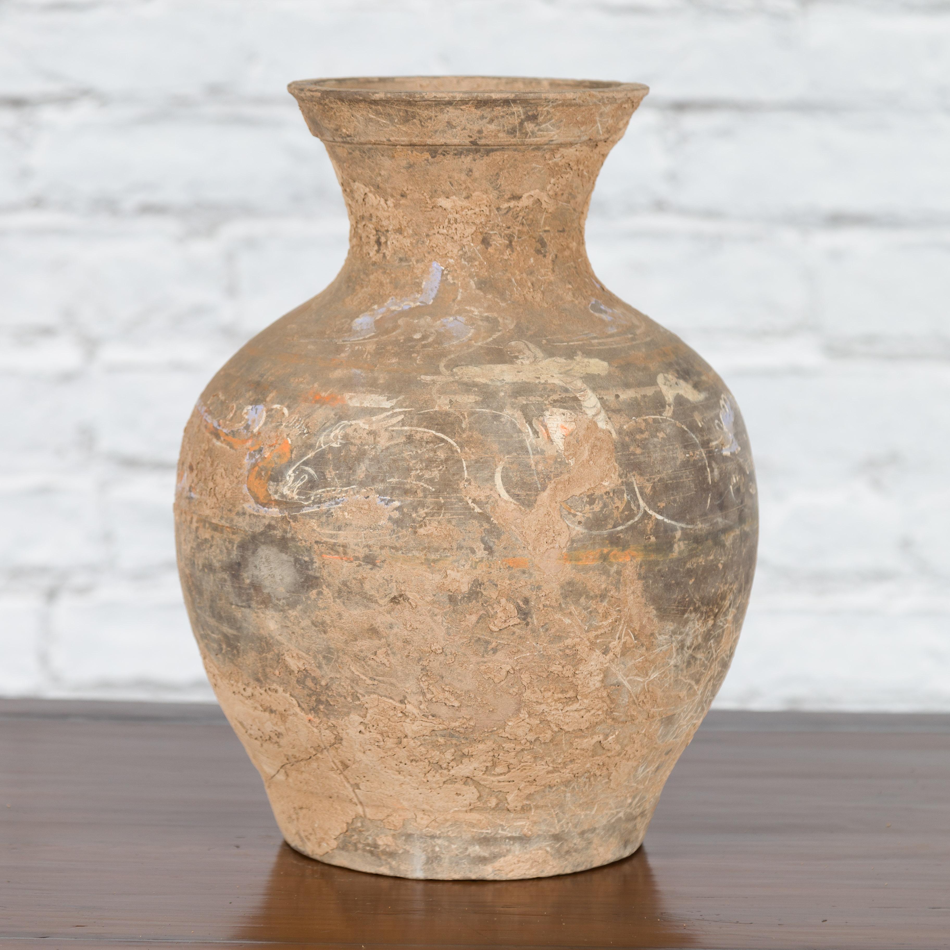 Chinese Han Dynasty Terracotta Vase with Hand-Painted Décor, circa 202 BC-200 AD In Good Condition In Yonkers, NY