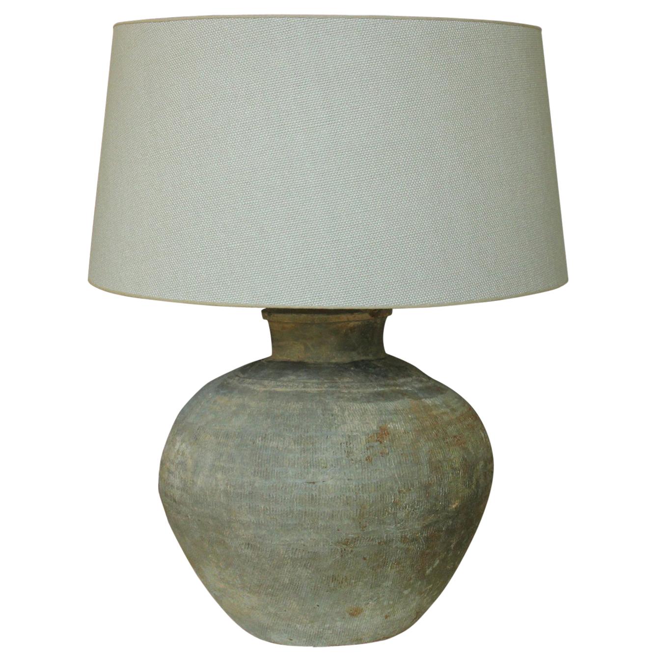 Chinese Han Dynasty Unglazed Belly Jar as Table Lamp