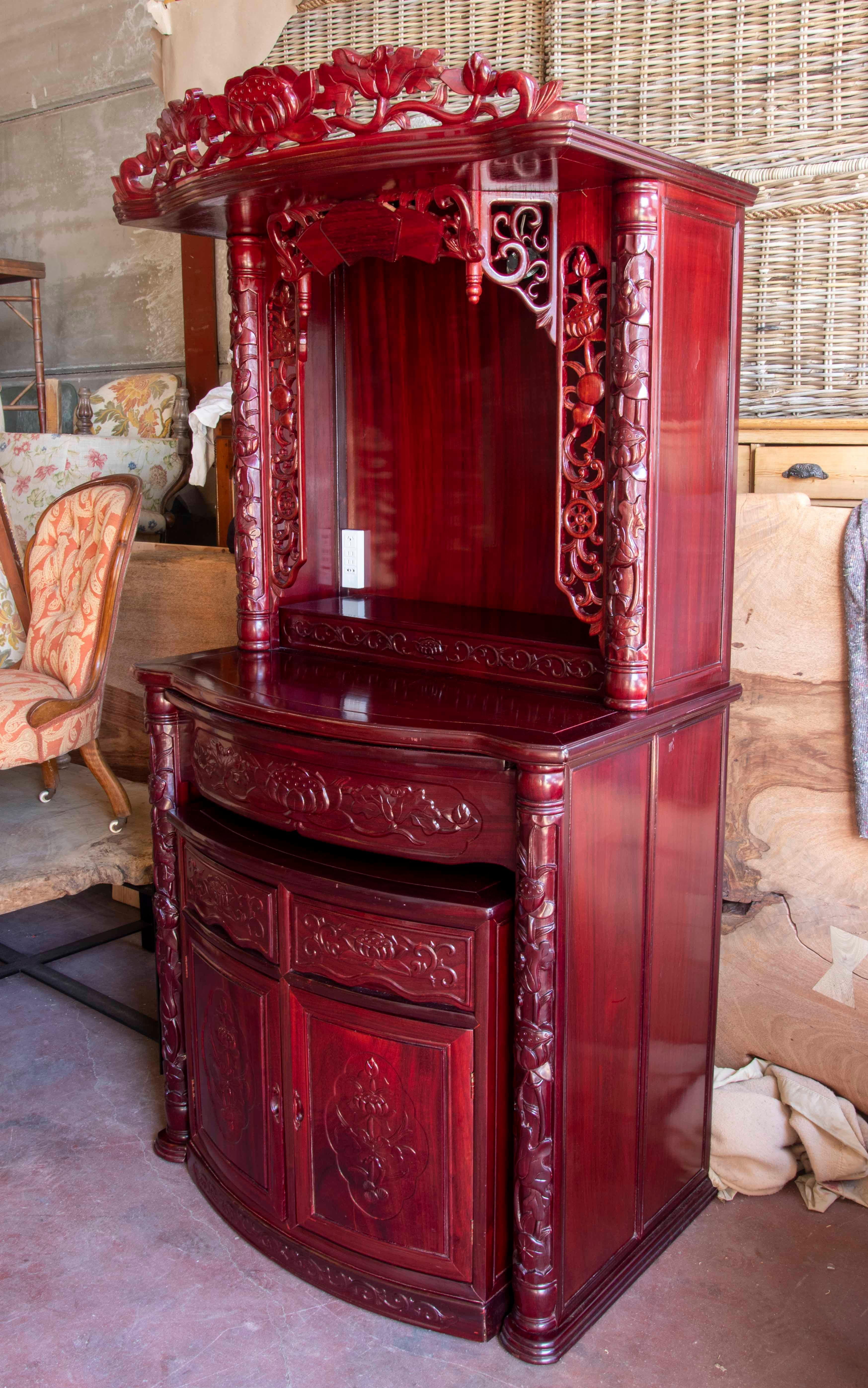 Asian Chinese Hand-Carved Altar of Mahogany Wood and Lower Part with Doors and Drawers For Sale