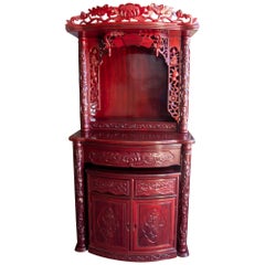 Altare cinese intagliato a mano in legno di mogano e parte inferiore con porte e cassetti