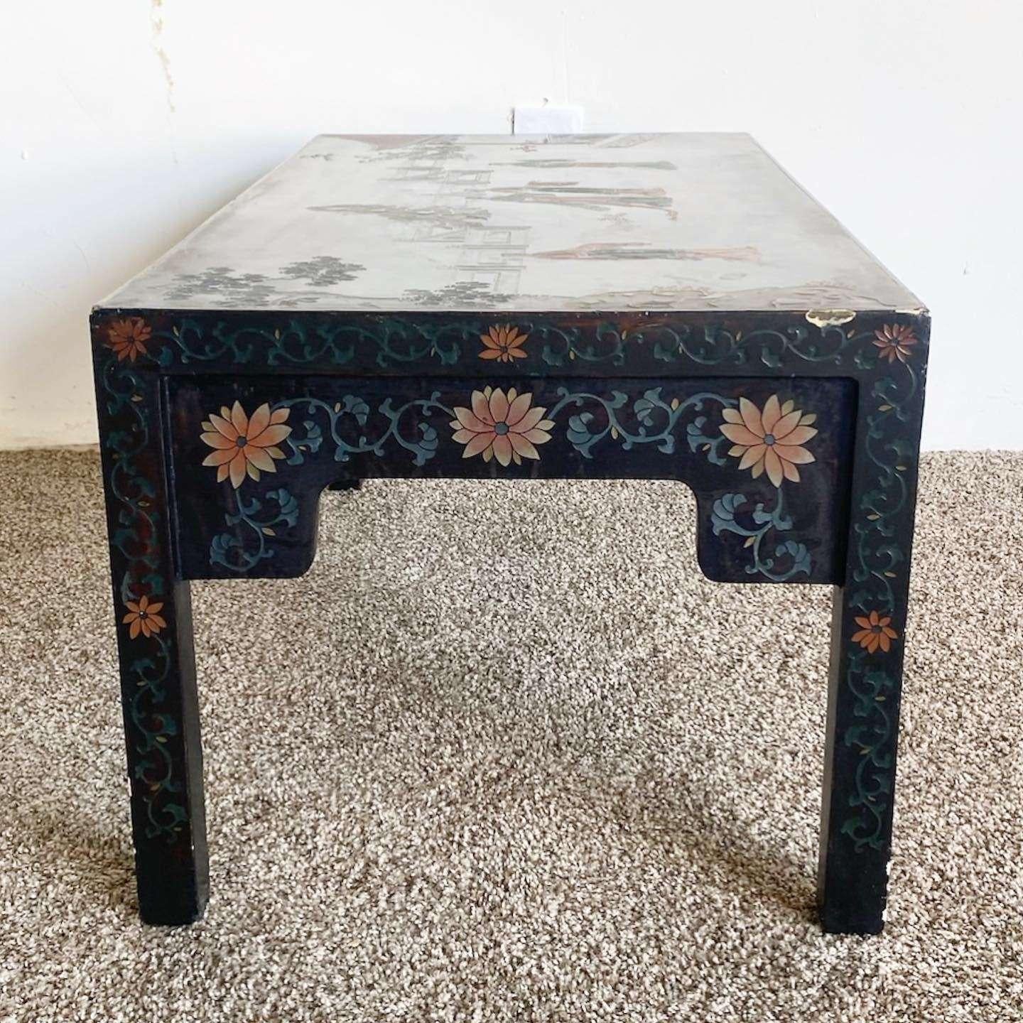 Chinoiserie Chinese Hand Carved and Painted Black Lacquered Rectangular Coffee Table For Sale
