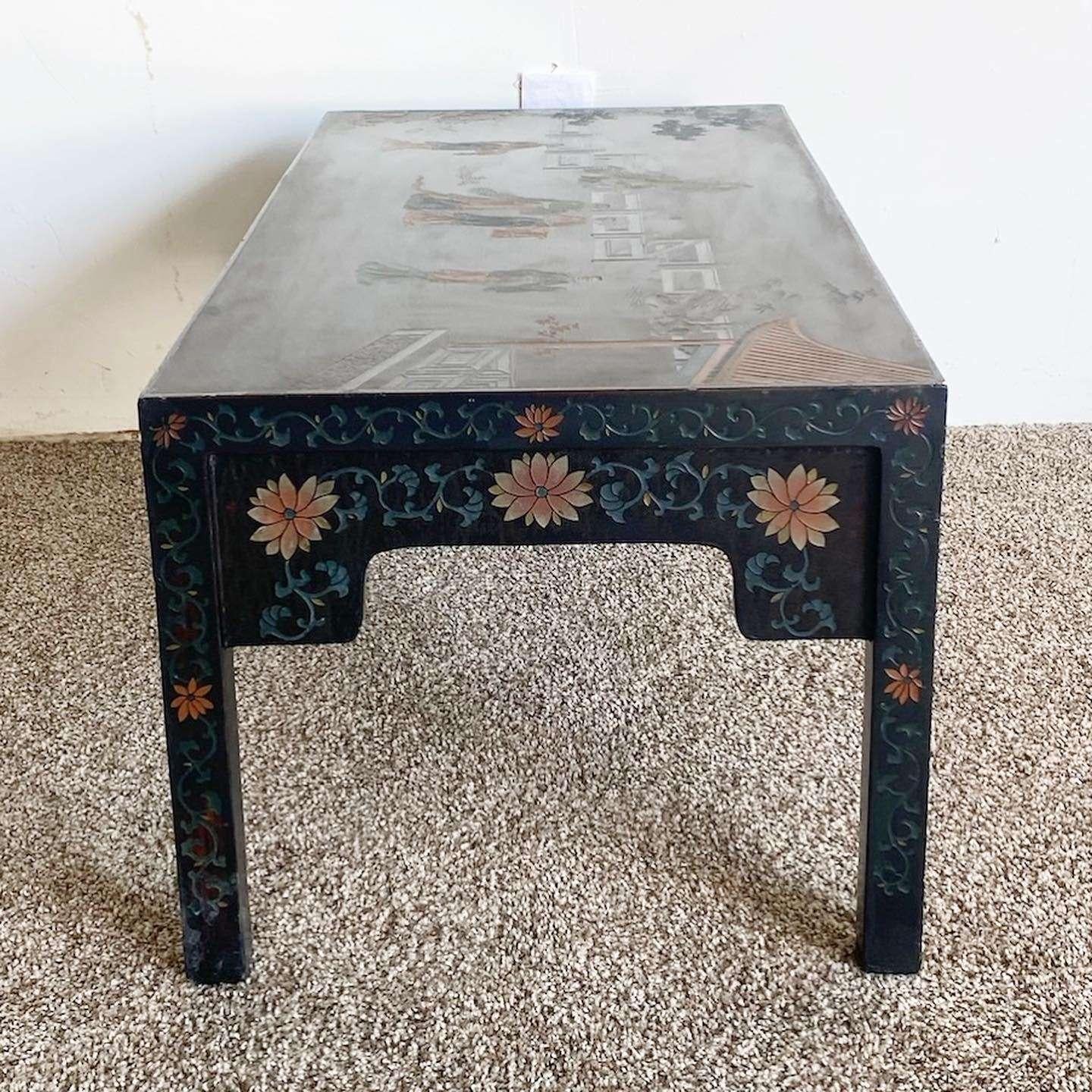 Chinese Hand Carved and Painted Black Lacquered Rectangular Coffee Table In Good Condition For Sale In Delray Beach, FL