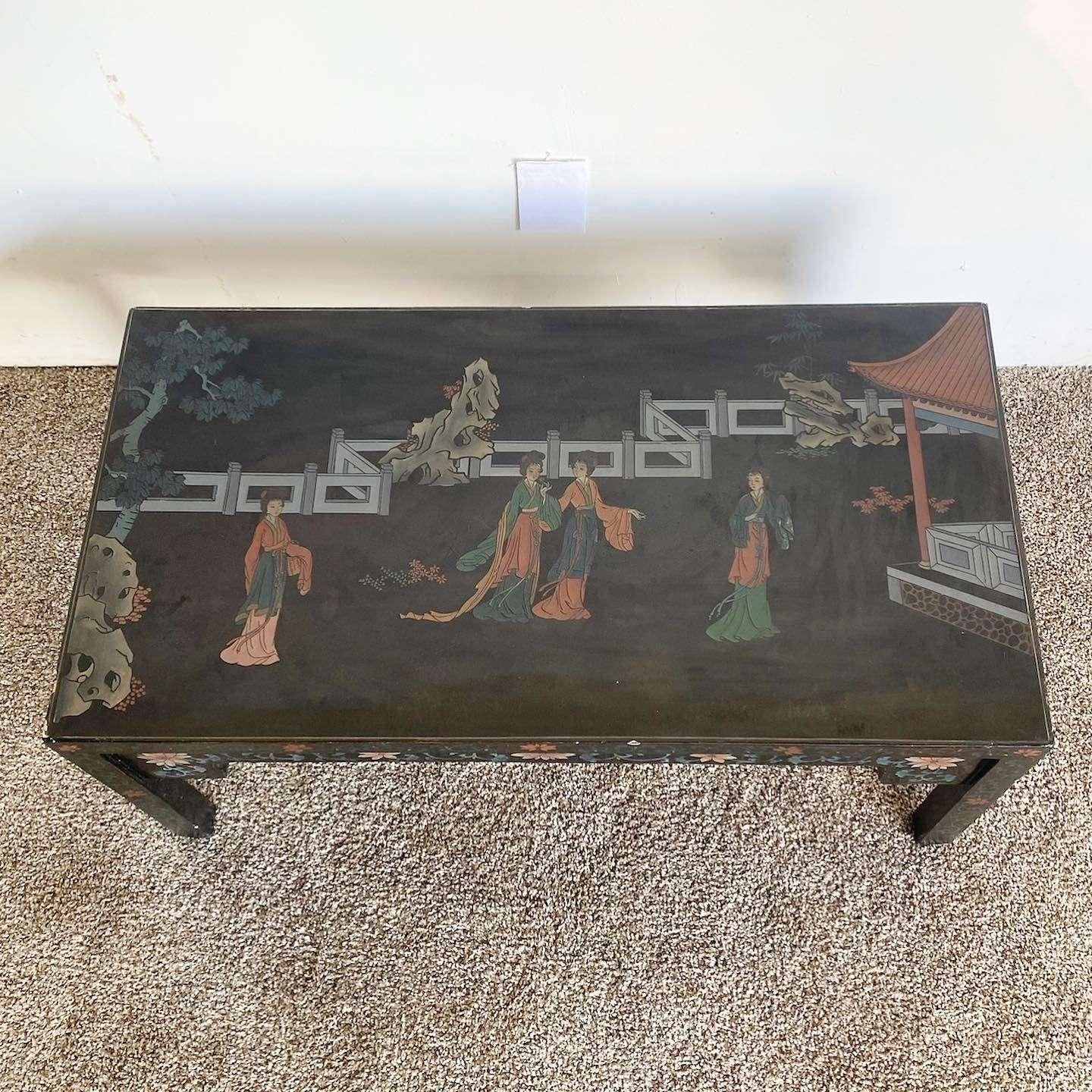 Mid-20th Century Chinese Hand Carved and Painted Black Lacquered Rectangular Coffee Table For Sale