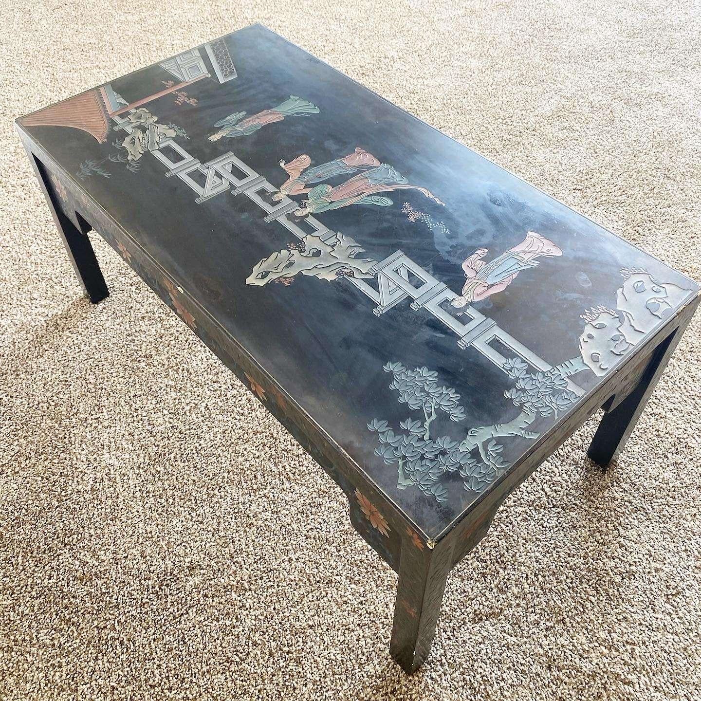 Wood Chinese Hand Carved and Painted Black Lacquered Rectangular Coffee Table For Sale