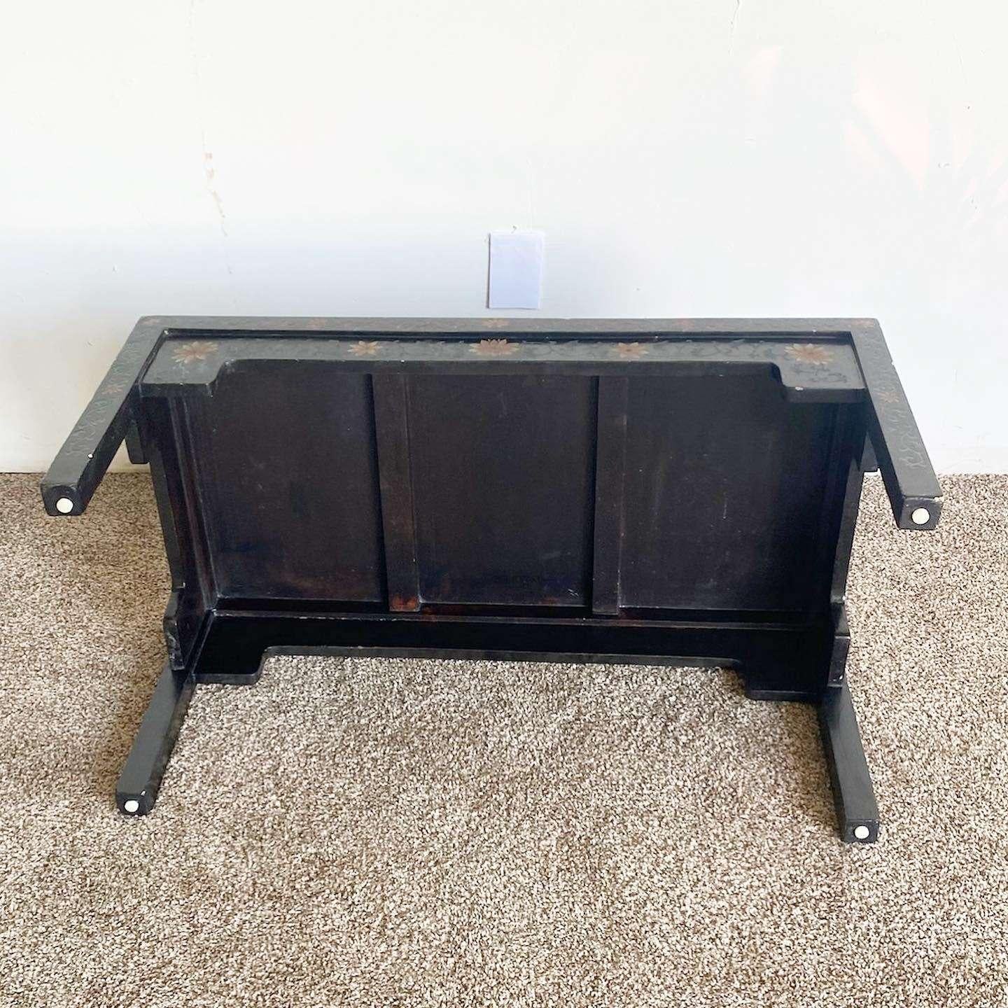 Chinese Hand Carved and Painted Black Lacquered Rectangular Coffee Table For Sale 1