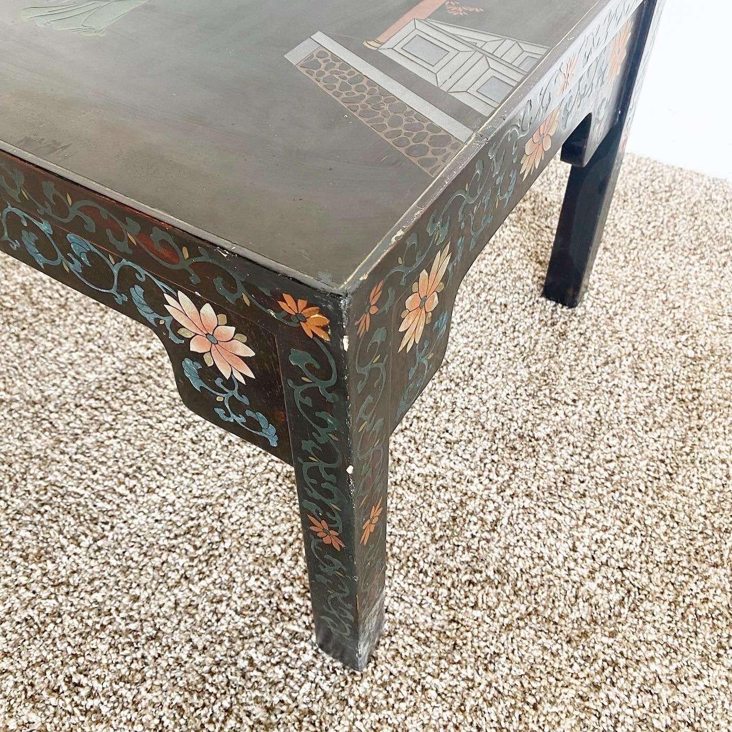 Chinese Hand Carved and Painted Black Lacquered Rectangular Coffee Table For Sale 2