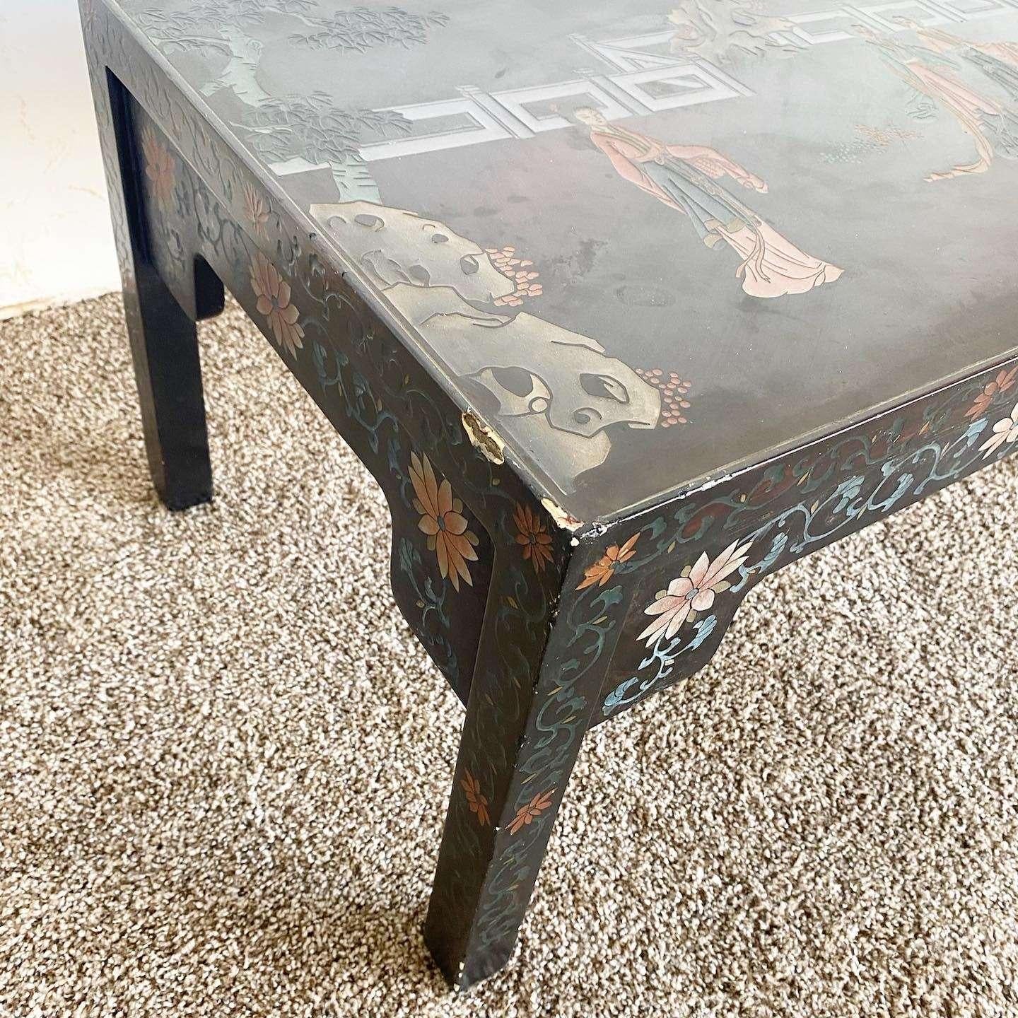 Chinese Hand Carved and Painted Black Lacquered Rectangular Coffee Table For Sale 3