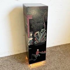 Chinese Hand Carved and Painted Black Pedestal With Lit Acrylic Base