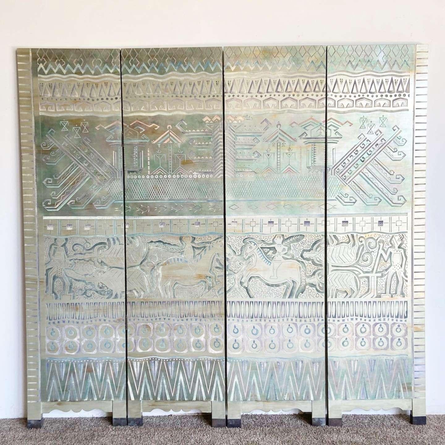 Chinese Hand Carved and Painted Native Tribal Room Divider - 4 Panels For Sale 3