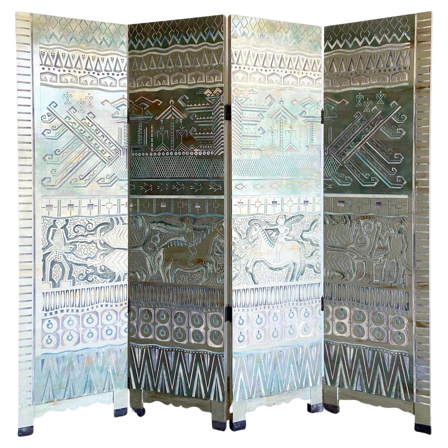 Chinese Hand Carved and Painted Native Tribal Room Divider - 4 Panels For Sale