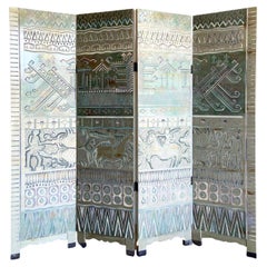 Chinese Hand Carved and Painted Native Tribal Room Divider - 4 Panels