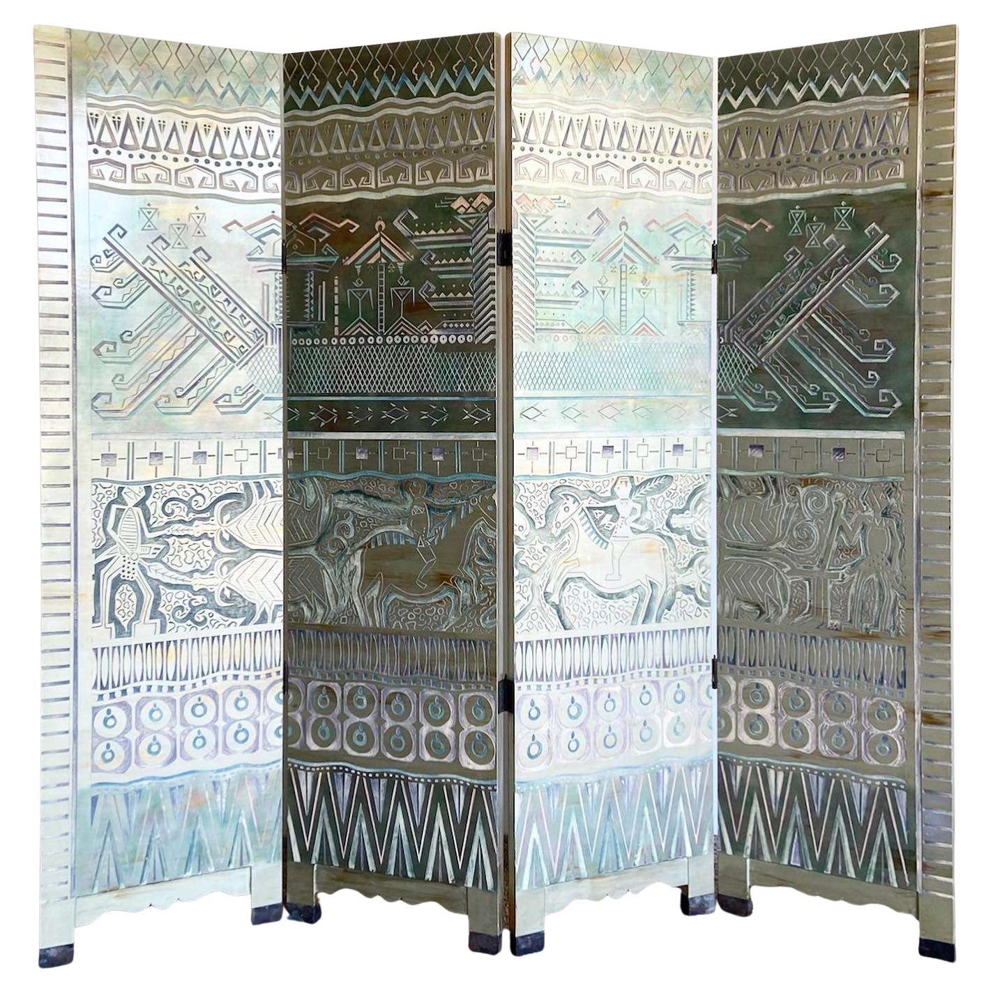 Diviseur de pièce tribal chinois sculpté et peint à la main - 4 panneaux