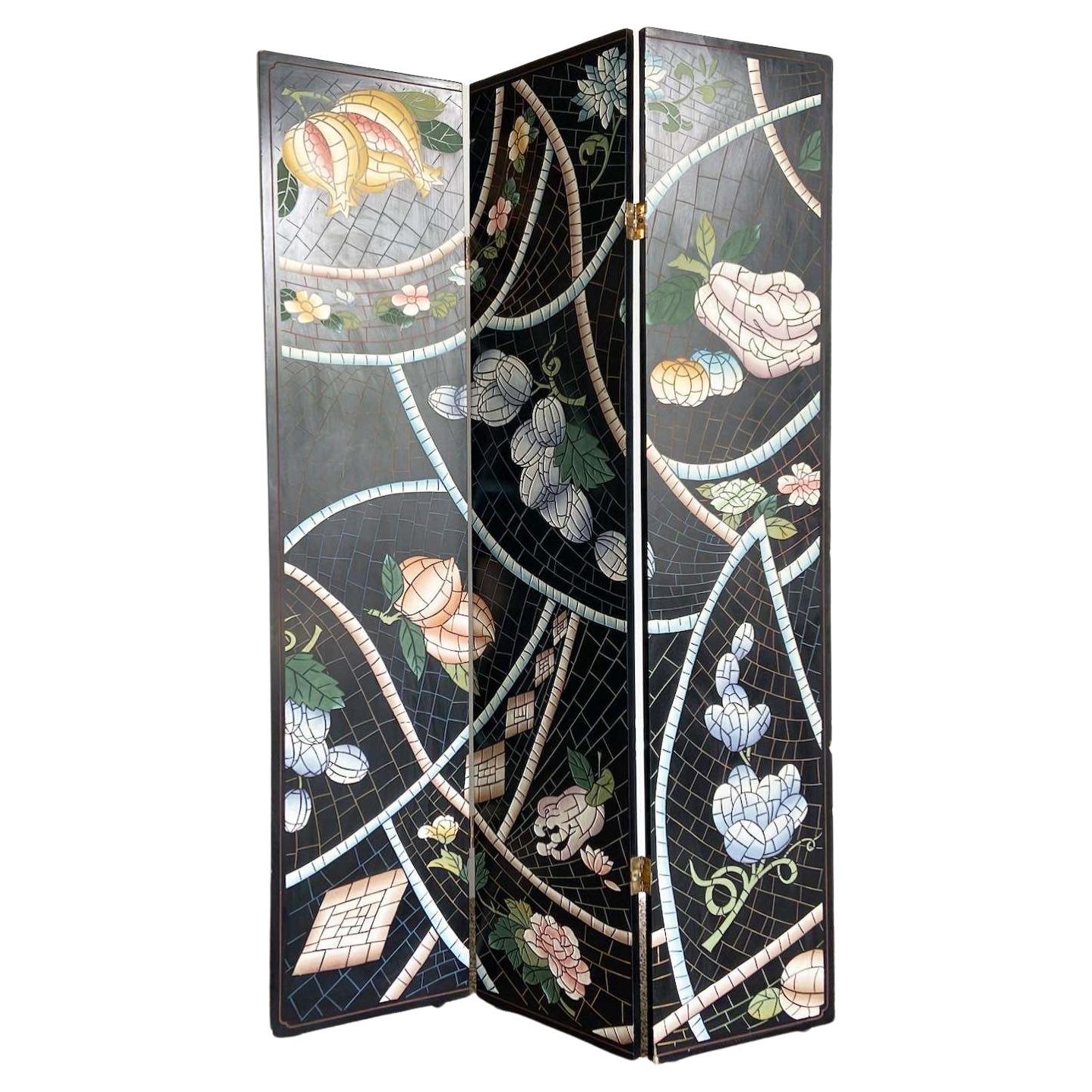 Chinese Hand Carved and Painted Room Divider - 3 Panels For Sale