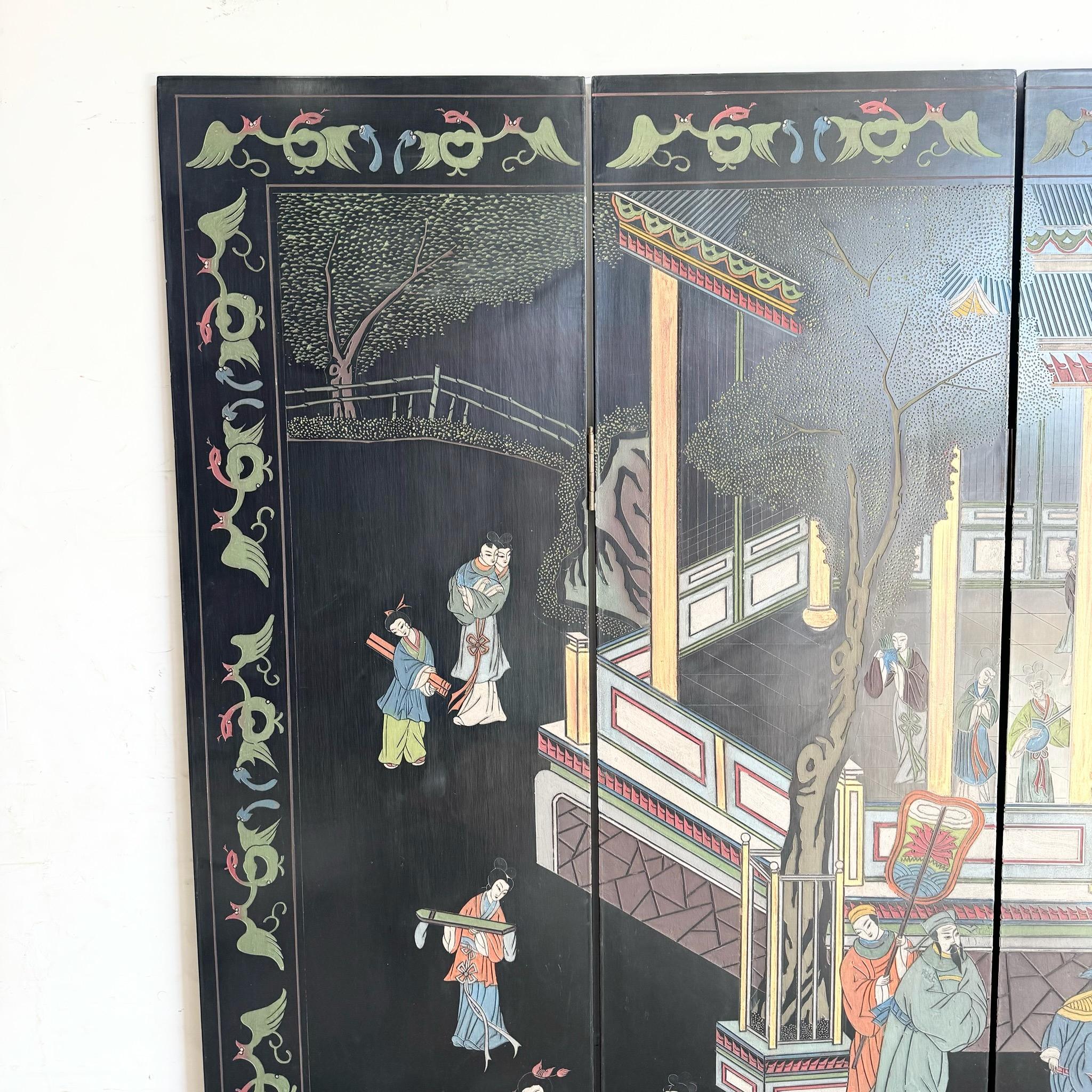 This Chinese hand-carved room divider features six intricately designed panels, showcasing traditional artistry and vibrant painted details. Perfect for adding a statement to any space, it functions as both a decorative piece and a practical