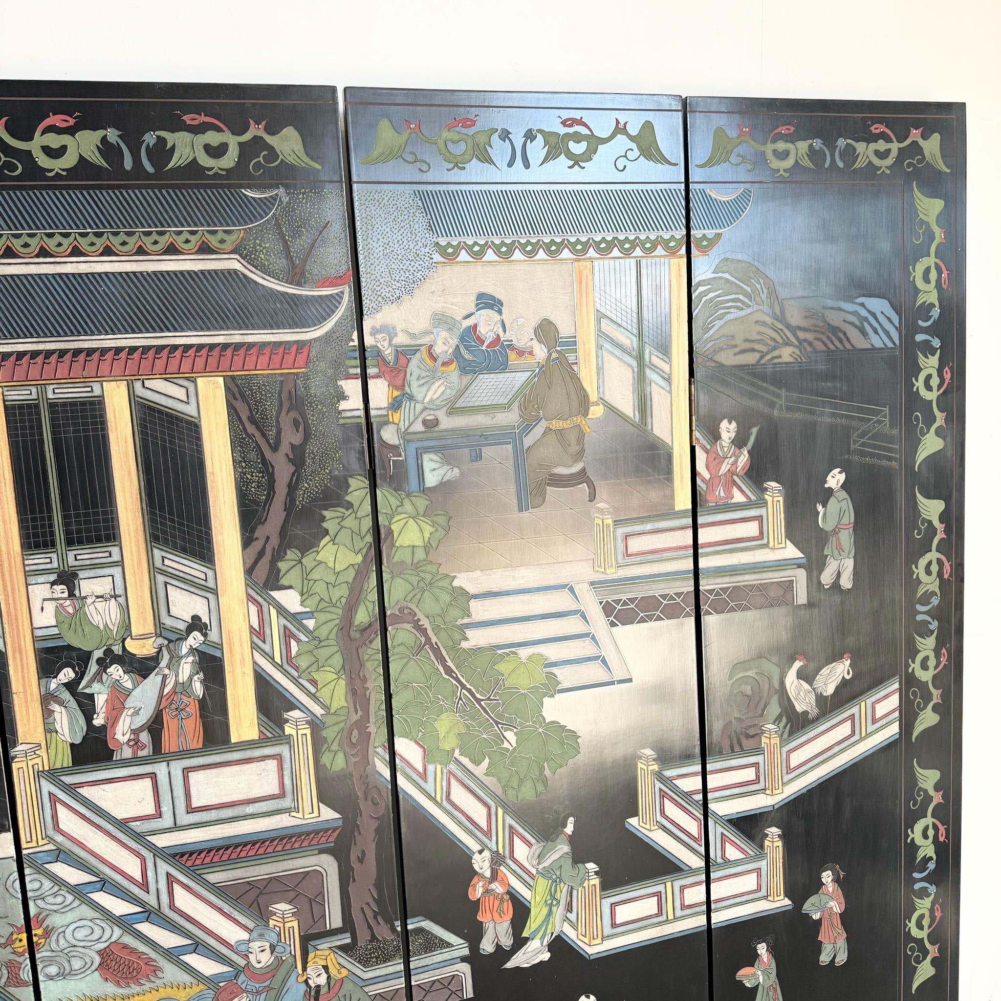 Late 20th Century Chinese Hand Carved and Painted Room Divider - 6 Panels For Sale