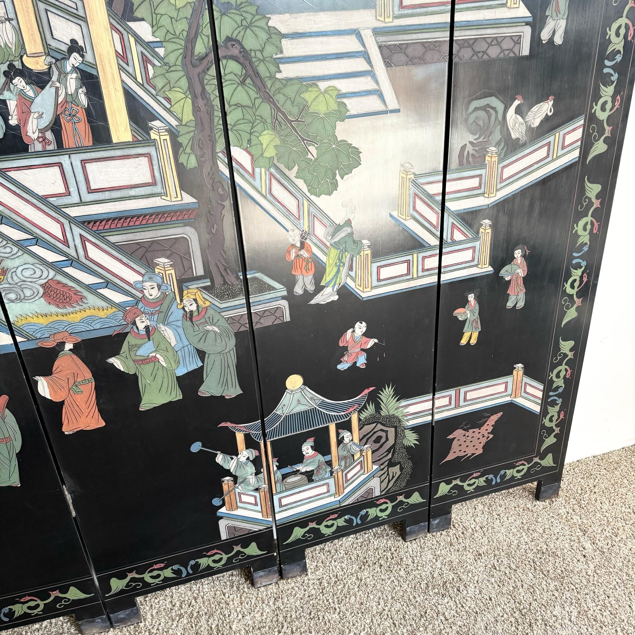 Wood Chinese Hand Carved and Painted Room Divider - 6 Panels For Sale