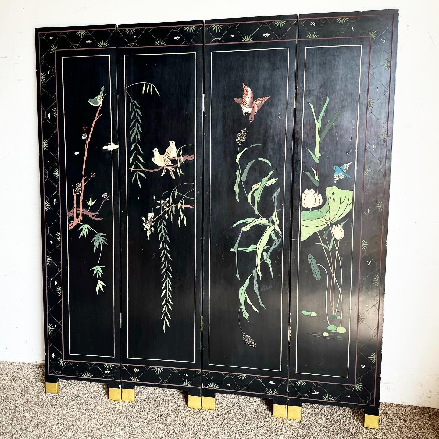 Delve into the elegance of traditional Chinese craftsmanship with this Hand Carved and Painted Room Divider/Screen. Featuring intricate carvings and vibrant hand-painted scenes of nature, this piece captures the serene beauty of birds and blossoming