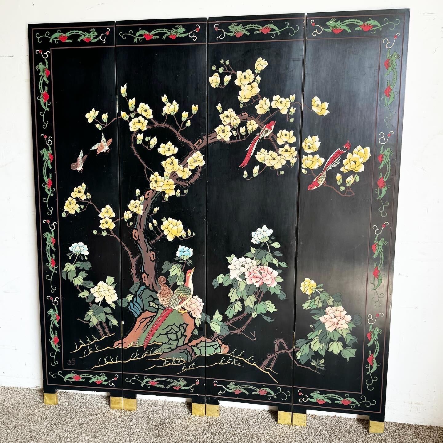 Wood Chinese Hand Carved and Painted Room Divider/Screen For Sale