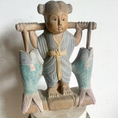 Chinese Hand Carved and Painted Wooden Girl Holding Fish Sculpture