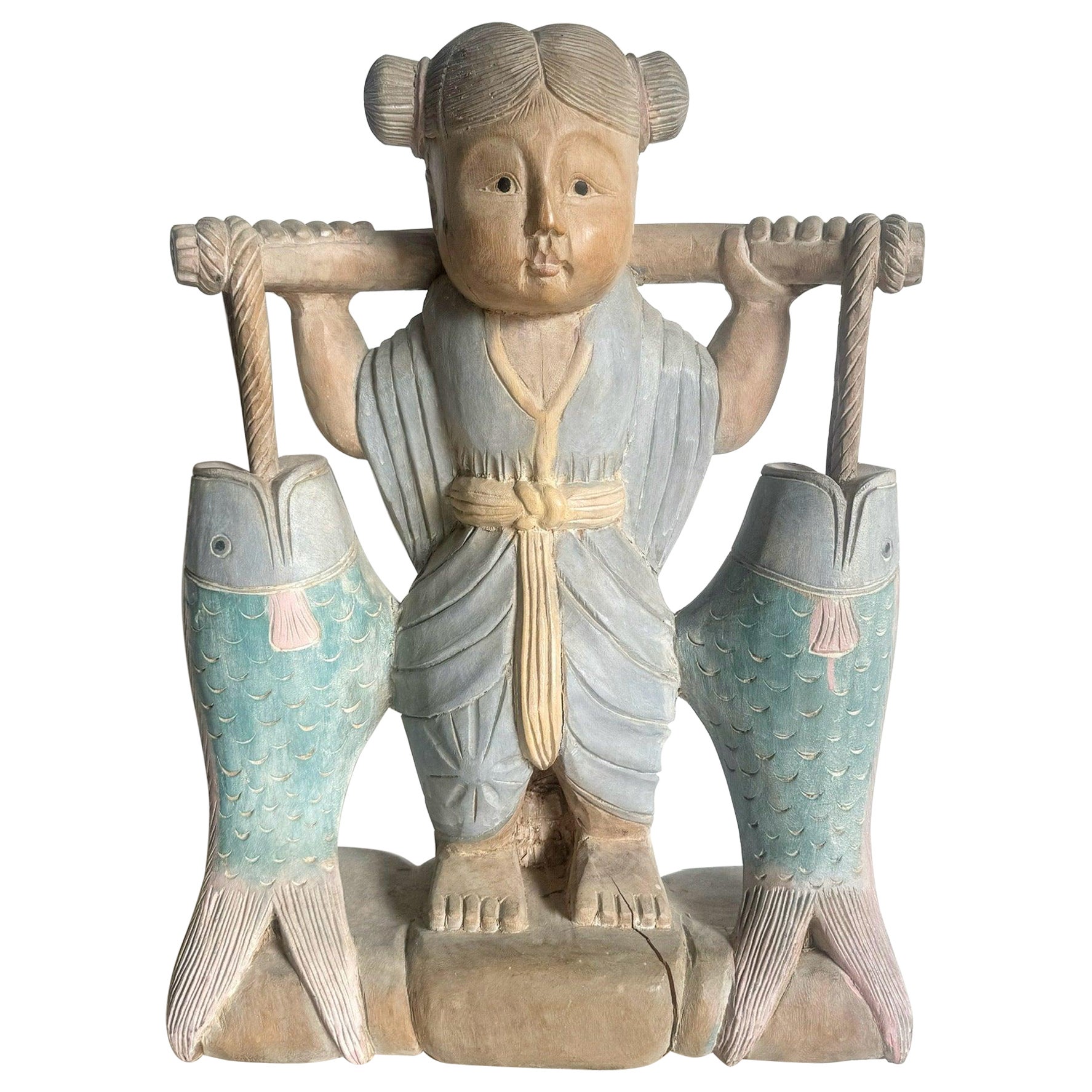 Chinese Hand Carved and Painted Wooden Girl Holding Fish Sculpture