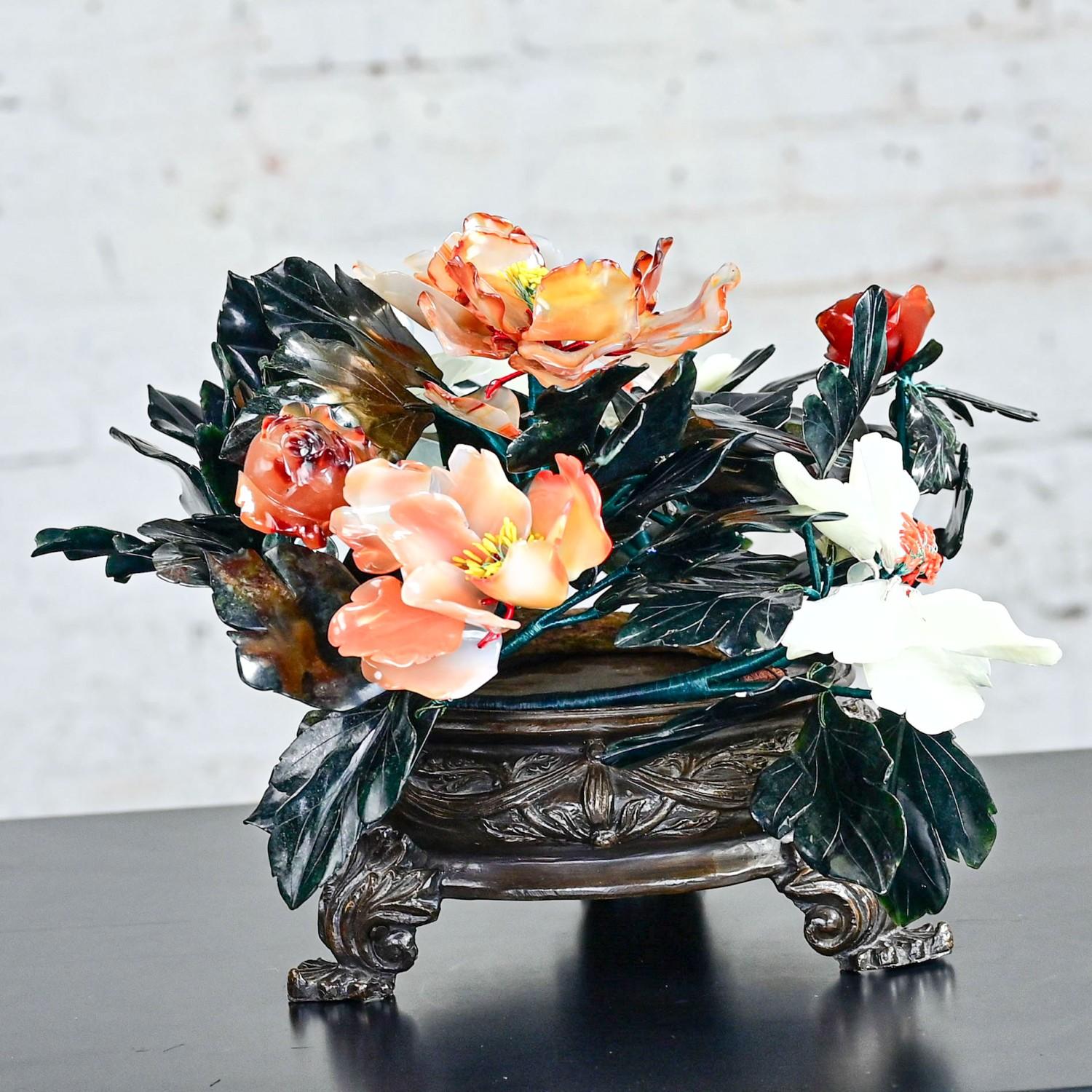 Chinese Hand Carved Carnelian Hardstone Floral Centerpiece & Cast Bronze Base For Sale 5