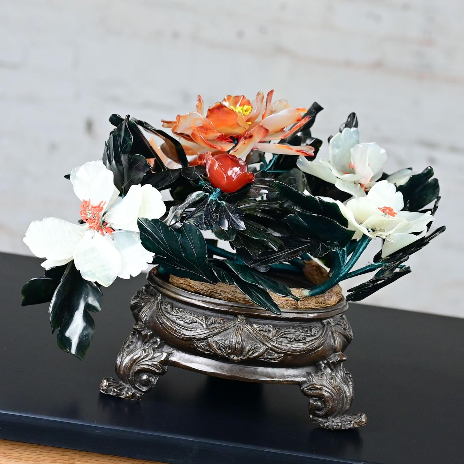 Chinese Hand Carved Carnelian Hardstone Floral Centerpiece & Cast Bronze Base For Sale 6