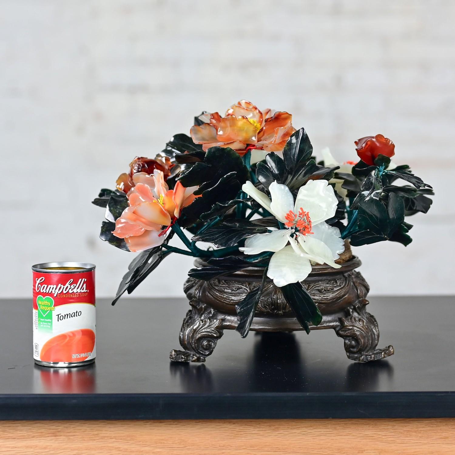 Chinese Hand Carved Carnelian Hardstone Floral Centerpiece & Cast Bronze Base For Sale 8