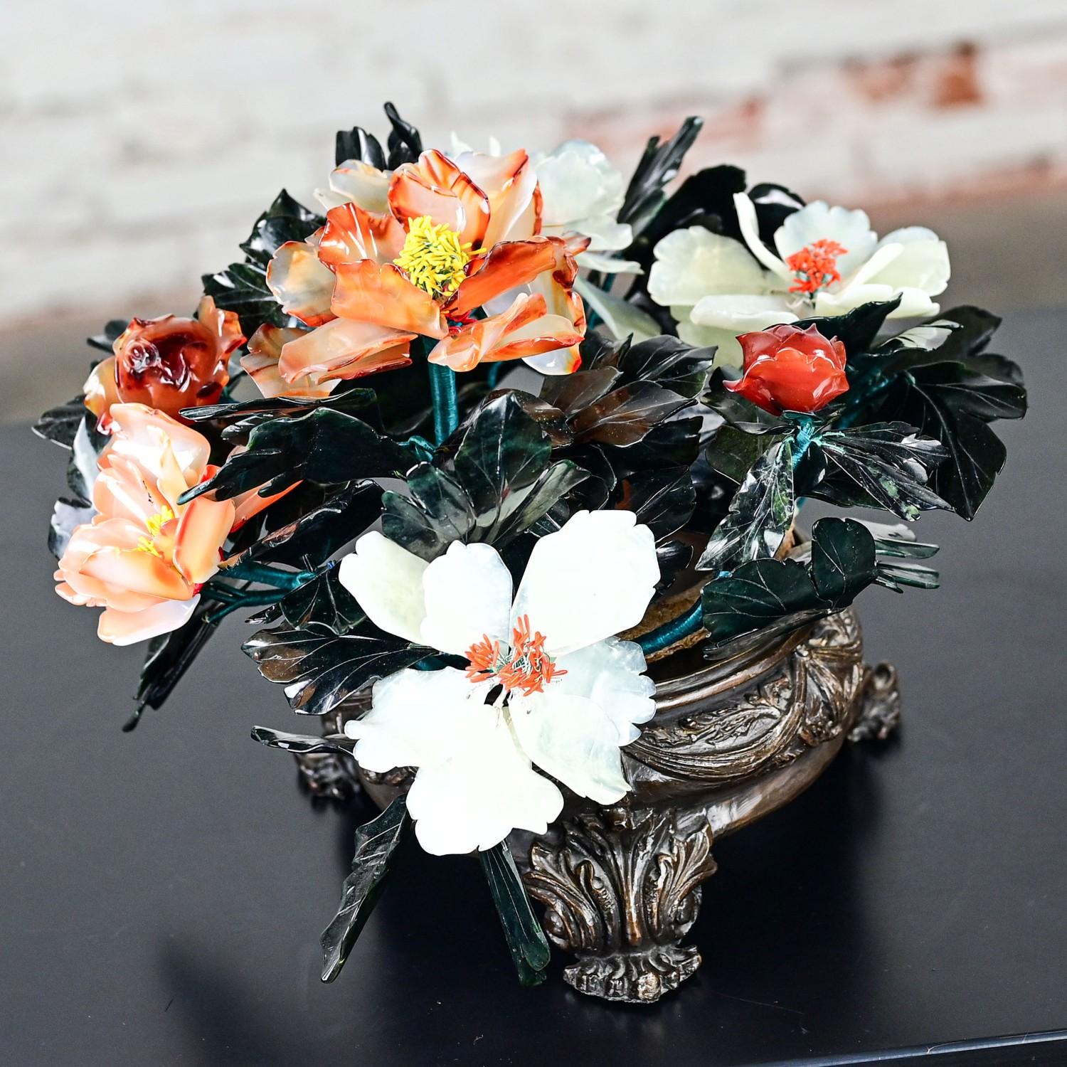 Chinese Hand Carved Carnelian Hardstone Floral Centerpiece & Cast Bronze Base For Sale 9