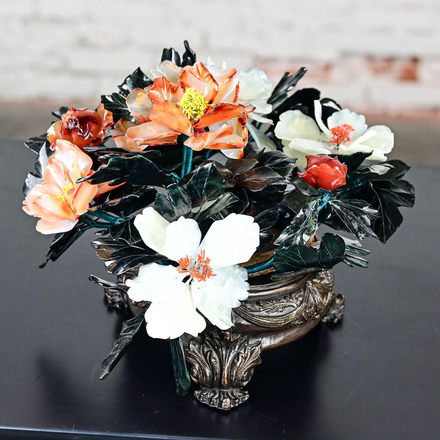Chinese Hand Carved Carnelian Hardstone Floral Centerpiece & Cast Bronze Base For Sale 10