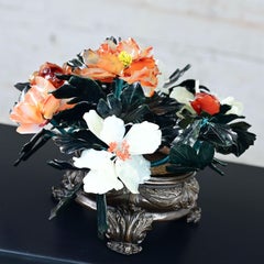 Chinese Hand Carved Carnelian Hardstone Floral Centerpiece & Cast Bronze Base