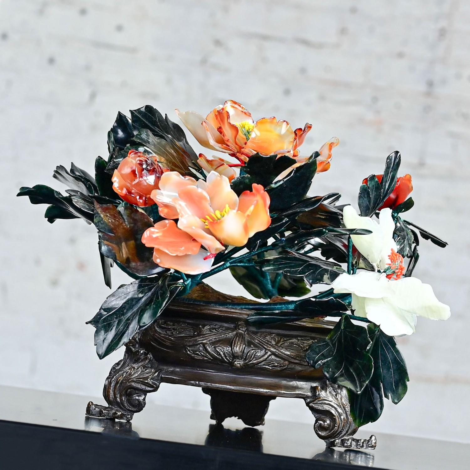 Chinoiserie Chinese Hand Carved Carnelian Hardstone Floral Centerpiece & Cast Bronze Base For Sale